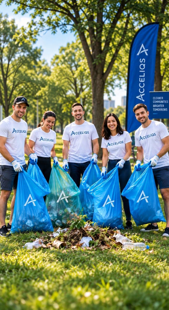 Acceliqs volunteers at a community park cleanup
