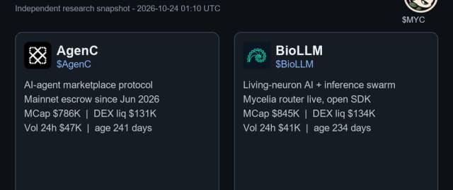 Two Solana Micro-Caps With Working Products: AgenC and BioLLM (Mycelium Research)